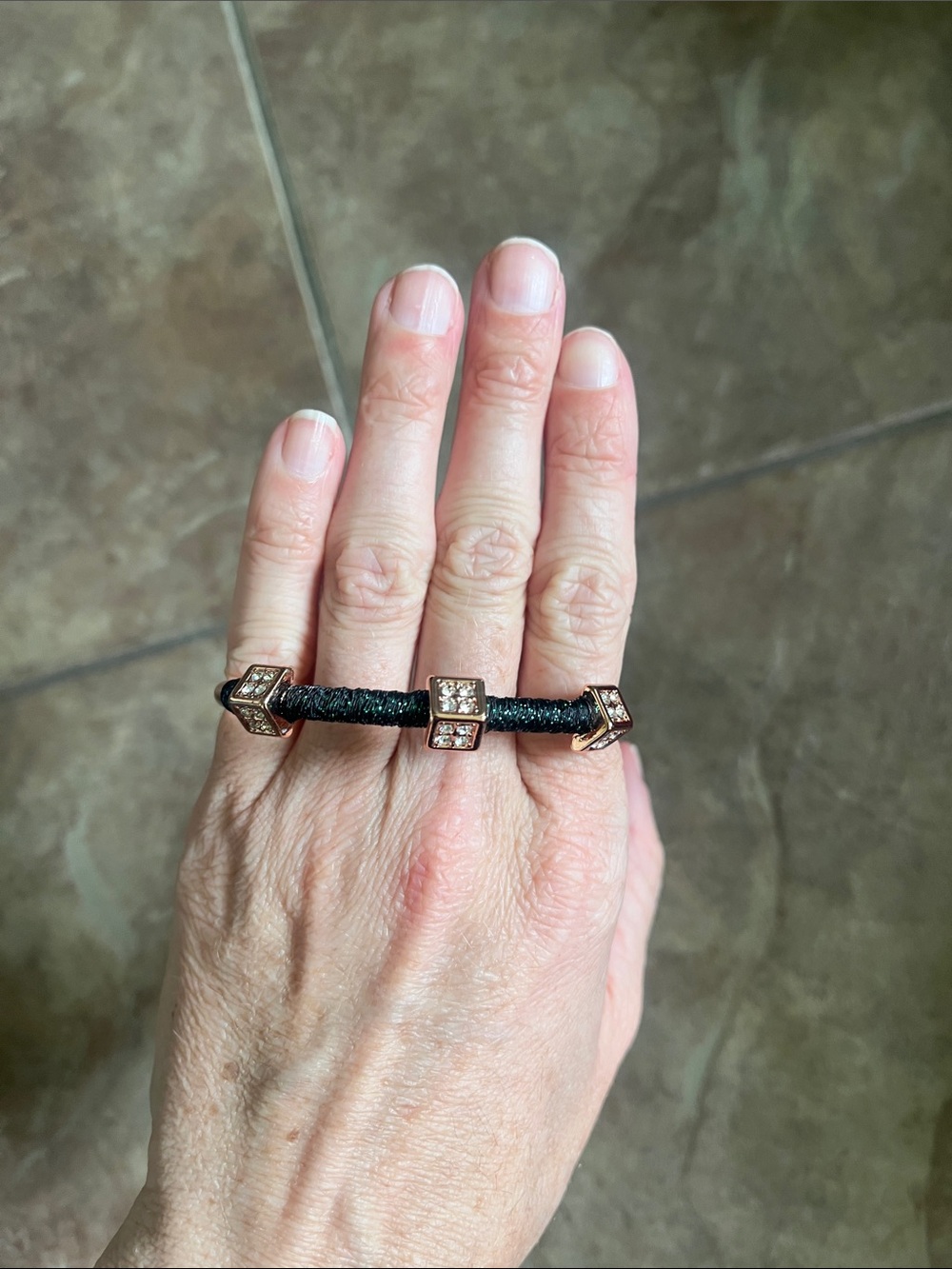 Black Rope Double-Finger Bracelet Ring with Rose Gold Crystal Accents